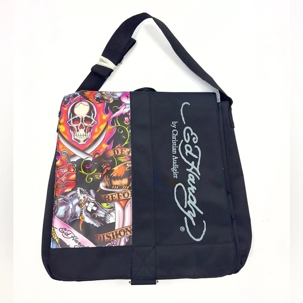 Ed Hardy Messenger Bag Skull Tattoo Graphic Y2K Christian Audigier Goth Punk NEW